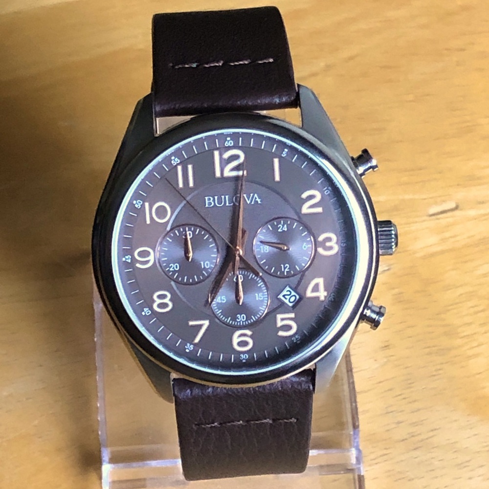 Bulova Men’s Watch Chronograph Brown dial Leather Strap NEW